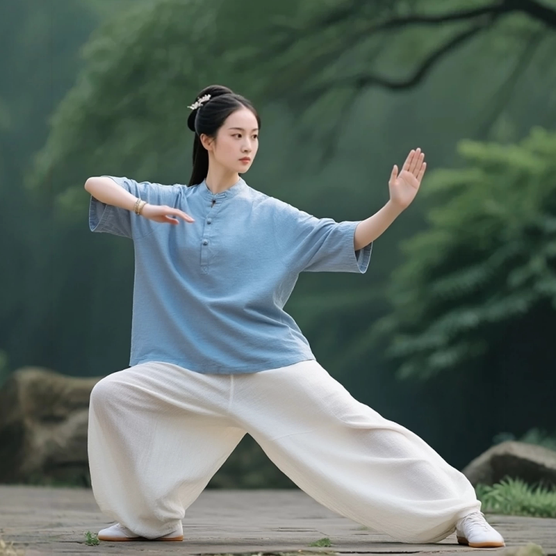 Daily Wear Tai Chi Clothing for Women, Eight-Section Brocade Practice Clothing, Chinese Style Cotton and Linen Short-Sleeved Shirt, Tea Clothing, Workwear Set
