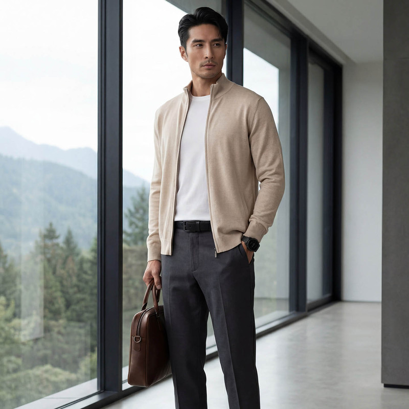 Spring and Summer Cashmere Men's Fine-Spun 18-Gauge Thin Stand-Collar Zip-Up Silk Cardigan Knit Base Layer Casual Jacket