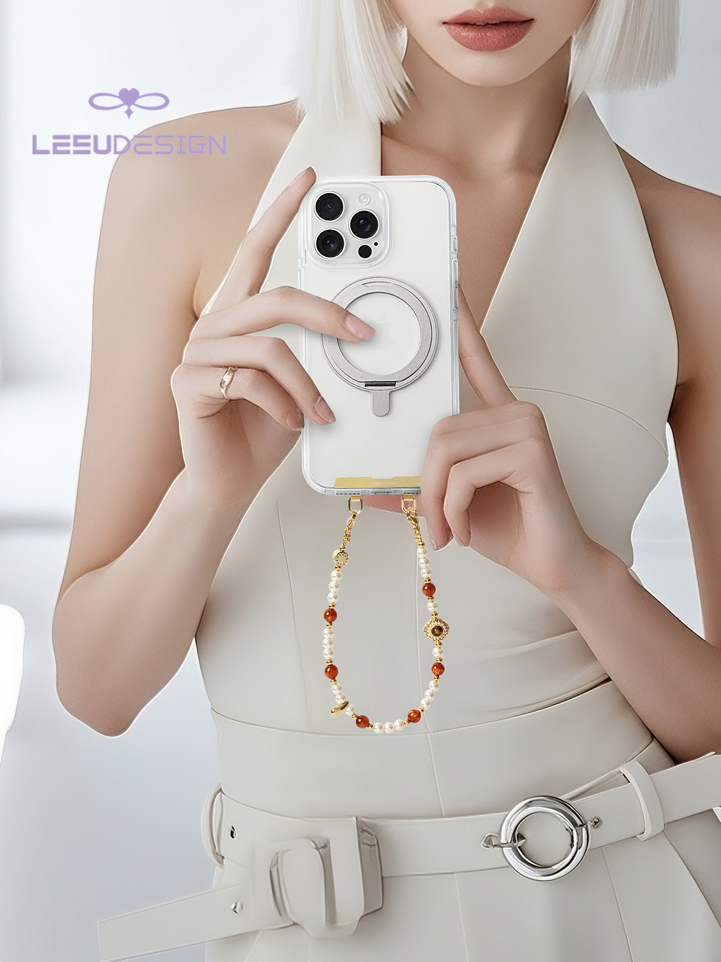 Leeudesign New High-End Mobile Phone Chain, Luxury Tiger Eye Stone Pearl Phone Lanyard, Double Buckle Wrist Strap, Anti-Lost Short Pendant, Bag Accessory for Women