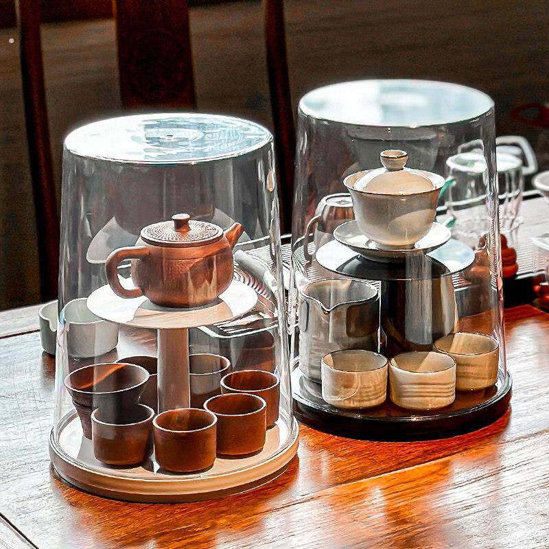 Tea set storage box rotating with cover dustproof transparent coffee table tea table storage teacup teapot draining storage rack