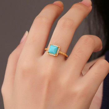 Genuine natural turquoise square ring for women, high-end