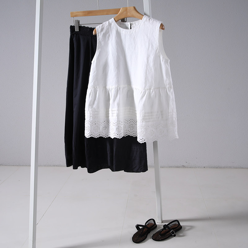 Hollow-Out Embroidered Hem, Soft Natural Linen Vest, Pleated Waist, Back Button, Round Neck, Sleeveless Top for Women Hollow-Out Embroidered Hem, Soft Natural Linen Vest, Pleated Waist, Back Button, Round Neck, Sleeveless Top for Women