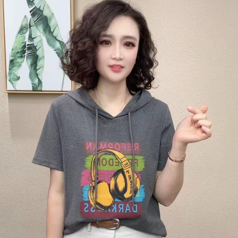 Printed Hooded Short-Sleeved T-Shirt for Women, Summer New Fashion, Casual Slimming Sweatshirt, Versatile Age-Reducing Top