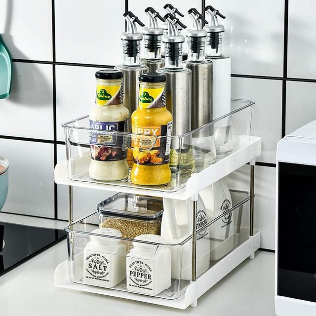 New transparent double-layer drawer cabinet seasoning bottle cup storage student dormitory desktop skin care products storage rack