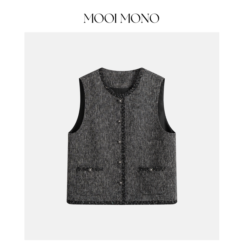 Mooi Mono "Dark Star Tweed" Slim-Fit, Elegant, Versatile Floral Tweed Sleeveless Round-Neck Vest D322Z63