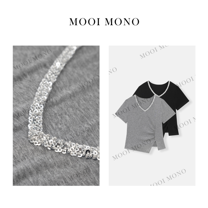 Mooi Mono "Floating Light and Shadow" Slim-Fit, Elegant, Versatile Ruched V-Neck Sequined Short-Sleeve T-Shirt T747H52