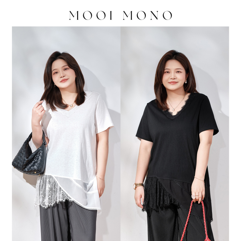Mooi Mono "Lace Snowflake T" Slimming Snowflake Cotton Hem Lace Chiffon Splicing T-Shirt T070H62