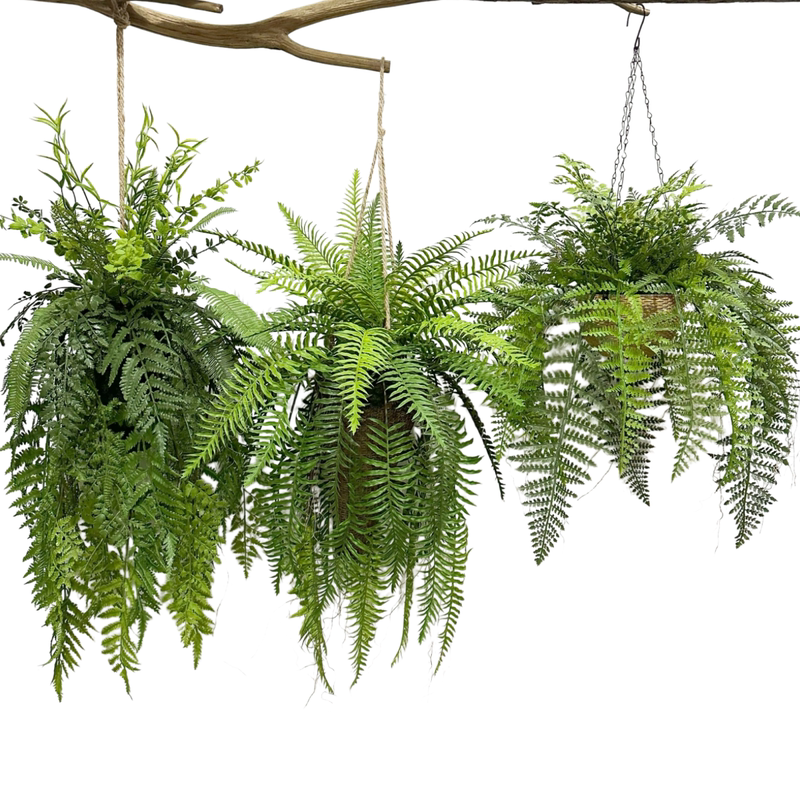 Artificial Hanging Fern Plants in Forest Style, Including the Fake King Fern and Persian Fern, for Restaurant Decoration, Landscape Hanging, and Ceiling Greenery