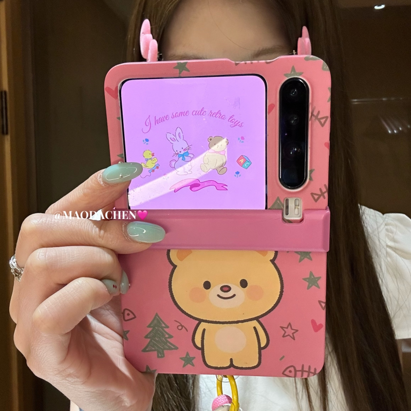 Cute Doodle Star Bear Pendant Hand Strap Suitable for Huawei Pura X Max Foldable Phone Case Pocket2 Full-Cover Hard Case Samsung Galaxy Z Flip 7/6/5 for Women Xiaomi Mix Flip 2