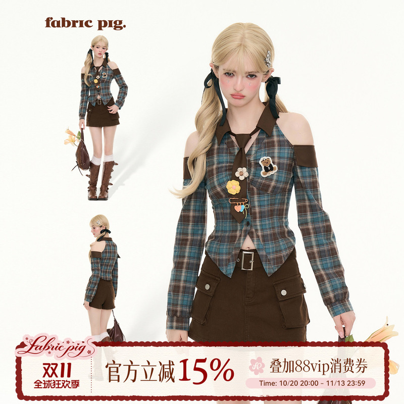 Fabricpig Bear Coffee Sweet Cool Style Off-Shoulder Plaid Shirt Women's American Retro Plaid Cardigan Fabricpig Bear Coffee Sweet Cool Style Off-Shoulder Plaid Shirt Women's American Retro Plaid Cardigan