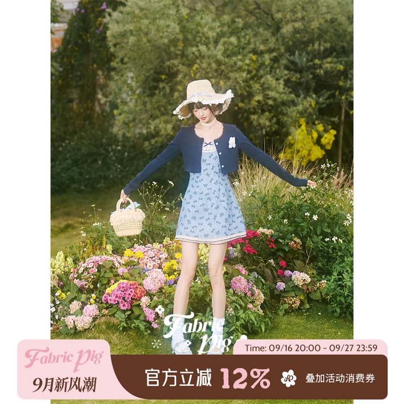 Fabricpig Mist Blue Butterfly Dream Sweet Style Spaghetti Strap Dress Women's Autumn Bow Print Short Skirt Fabricpig Mist Blue Butterfly Dream Sweet Style Spaghetti Strap Dress Women's Autumn Bow Print Short Skirt