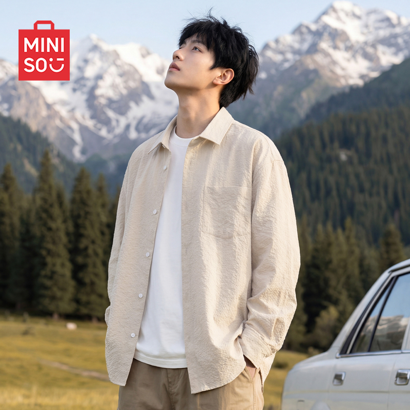 Miniso Youth Long Sleeve Shirt for Men, Autumn Season, Three-Proof American Style, Regular Shoulder Fit, Draped Collar, Bubble Fabric Jacket Y