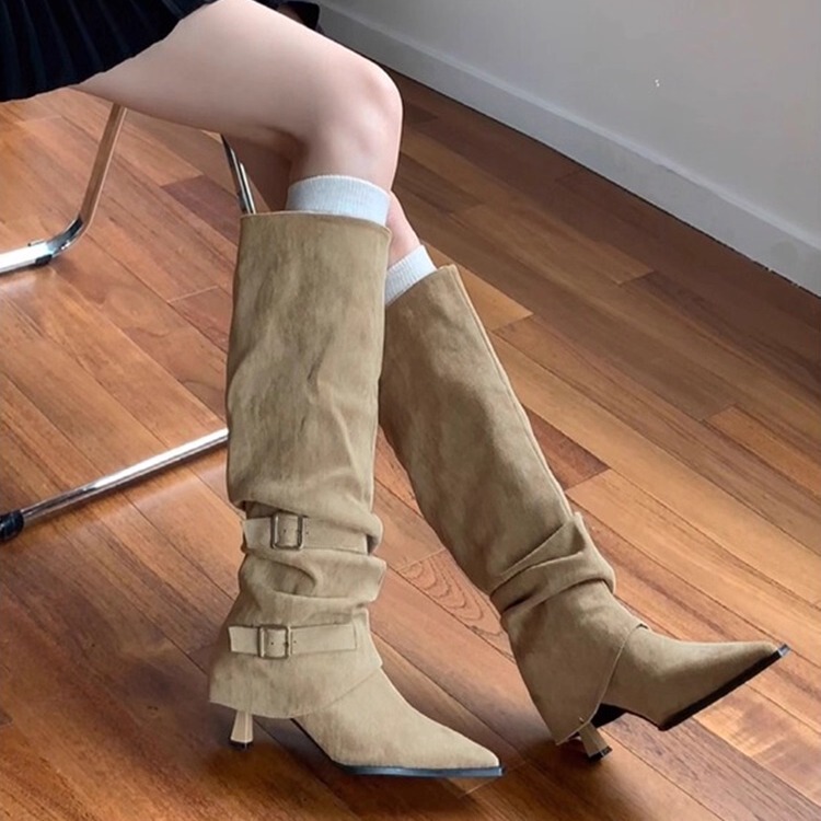 Mdcw Retro Pointed Toe Slouch Boots for Women 2026 New British Style Over-The-Knee High Boots Pleated Western Riding Boots