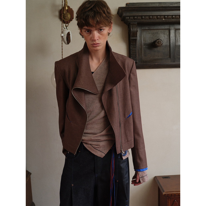 Soknot〔Tibetan Blue Invasion〕Niche Designer Brand Short Loose Diagonal Zipper Jacket for Men and Women Trendy Soknot〔Tibetan Blue Invasion〕Niche Designer Brand Short Loose Diagonal Zipper Jacket for Men and Women Trendy