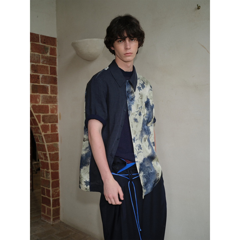 Soknot〔Tibetan Blue Intrusion〕Short-Sleeved Loose-Fitting Deep Lake Color Contrast Asymmetrical Placket Rayon Printed Shirt for Summer