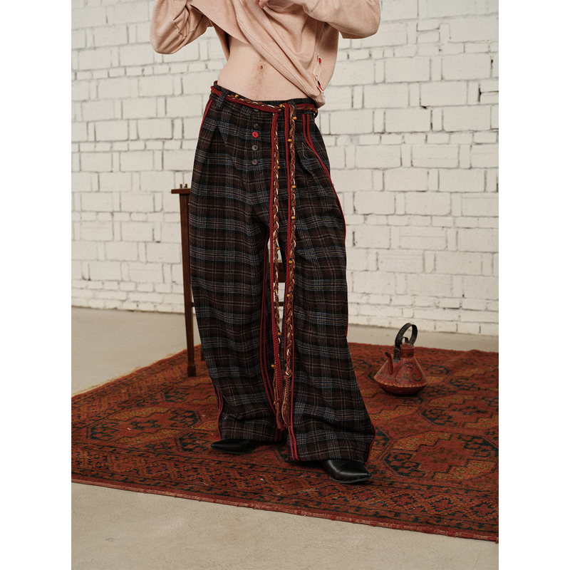Soknot〔Tibetan Red Erosion〕Original Niche Designer Red Loose Retro Plaid Wool Pants Long Pants for Men