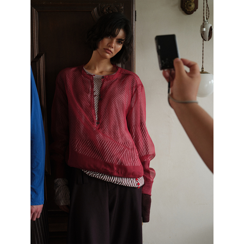 Soknot〔Tibetan Red Erosion〕Silk Mulberry Silk Organza See-Through Pullover Sweatshirt Niche Designer Brand