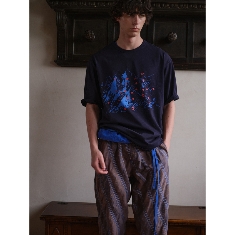 Soknot〔Red Erosion & Blue Intrusion〕Short-Sleeved Loose Abstract Snow Mountain Pattern Niche Design Round Neck T-Shirt for Men and Women Summer