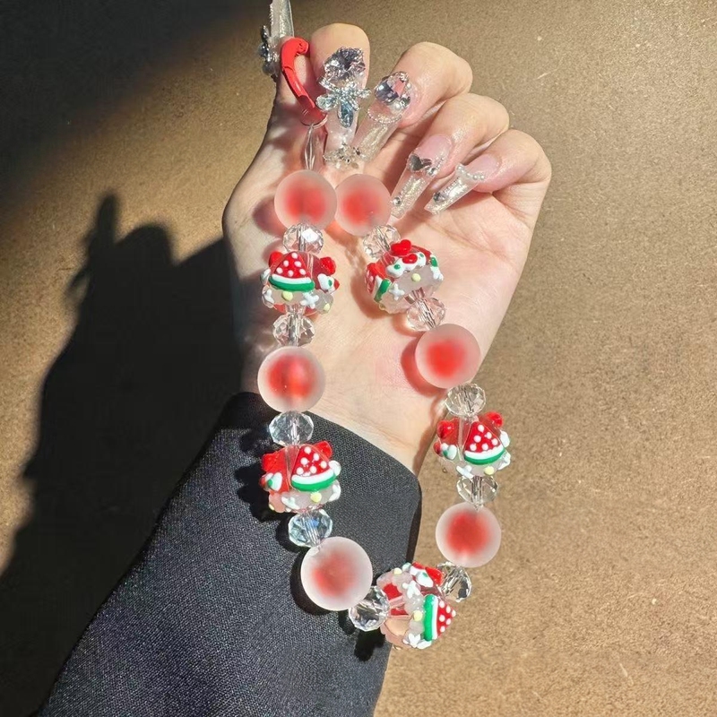 Strawberry Collection Cute Cartoon ins Hand-Painted Cream Beaded Phone Charm Hanging Chain Keychain Chain Phone Chain