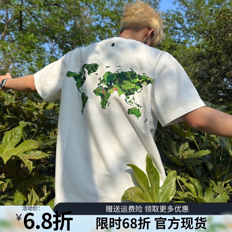 Goodbrand Three-Dimensional Green Plant Embroidery Map Short-Sleeve Light Luxury Fashion High-End Logo T-Shirt, Unisex