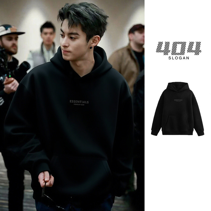 Wang Hedi's Same Style Essentials Silicone Print Autumn and Winter Fleece-Lined Fog Black Jackson Wang Hooded Sweatshirt for Men Wang Hedi's Same Style Essentials Silicone Print Autumn and Winter Fleece-Lined Fog Black Jackson Wang Hooded Sweatshirt for Men