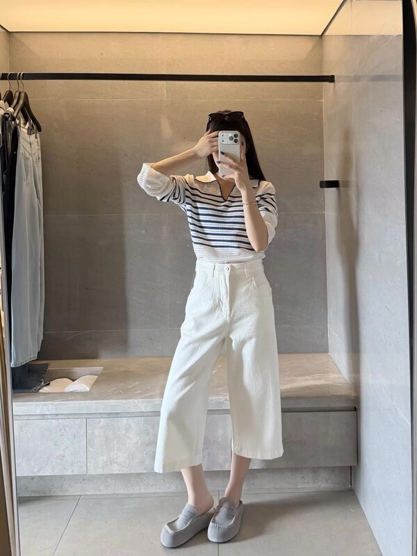 Spring and Summer Cotton Mid-Waist A-Line Wide-Leg Cropped Pants Spring and Summer Cotton Mid-Waist A-Line Wide-Leg Cropped Pants