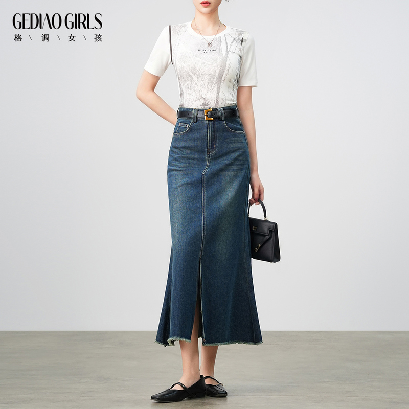 Dark Blue Denim Skirt for Women 2026 New Summer Thin Style with Raw Edges, Mid-Length, Slit, Bodycon Fishtail Skirt