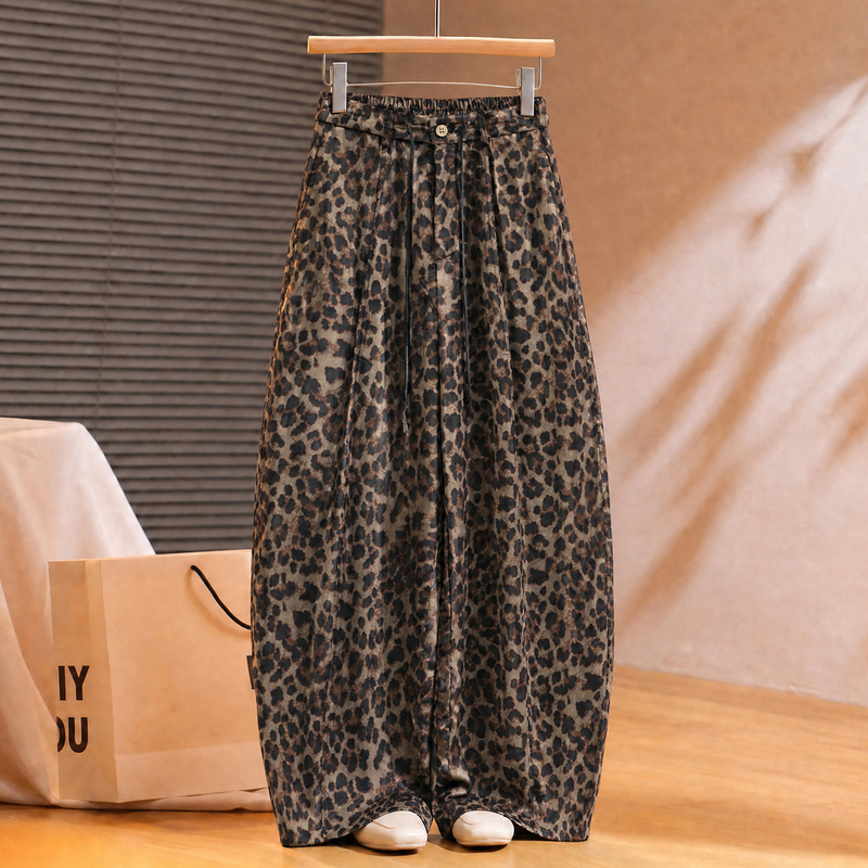 Retro American Leopard Print Scimitar Pants for Women 2026 New High-Waisted Drapey Wide-Leg Pants Summer Thin Slimming Casual Pants
