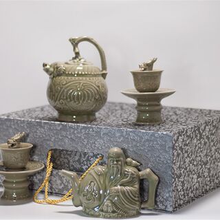 耀州瓷倒装流注戒盈公道杯转两心鸳鸯壶三件套六件套礼盒陕西特色