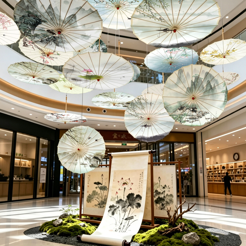 Elegant Zen-Style Indoor and Outdoor Decorative Umbrella Lights Props for Tea Rooms, Shopping Malls, Terrace Layouts, Corridors, Ceiling Oil-Paper Umbrellas