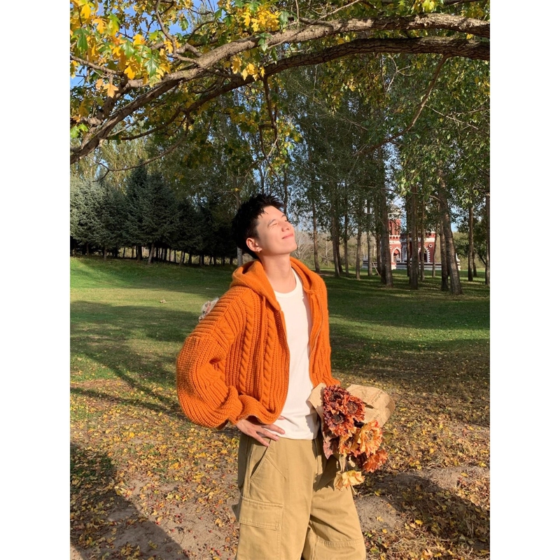 Orange Hooded Knitted Cardigan Unisex Long-Sleeved Sweater Light Outdoor Style Jacket