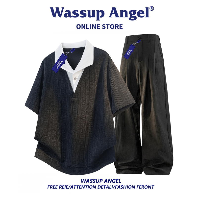 Wassup Angel Fake Two-Piece Shirt Collar Short-Sleeved T-Shirt Casual Suit Men's Summer Drapey Wide-Leg Pants Suit