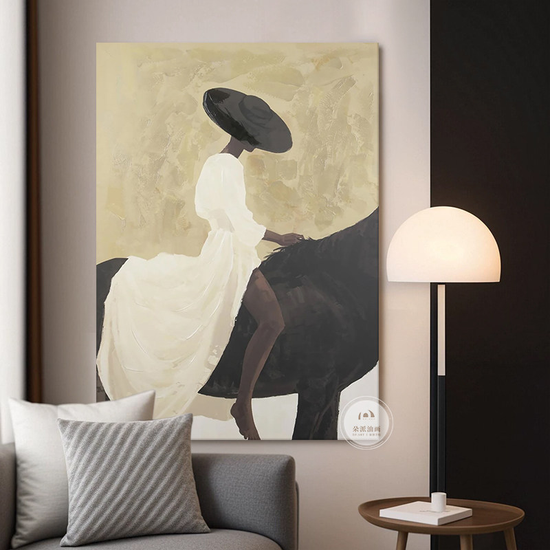 Niche Art Pure Hand-Painted Oil Painting Abstract Vintage Hanging Painting of a Horse-Riding Figure for Entryway, Italian-Style Minimalist Decorative Painting for Living Room