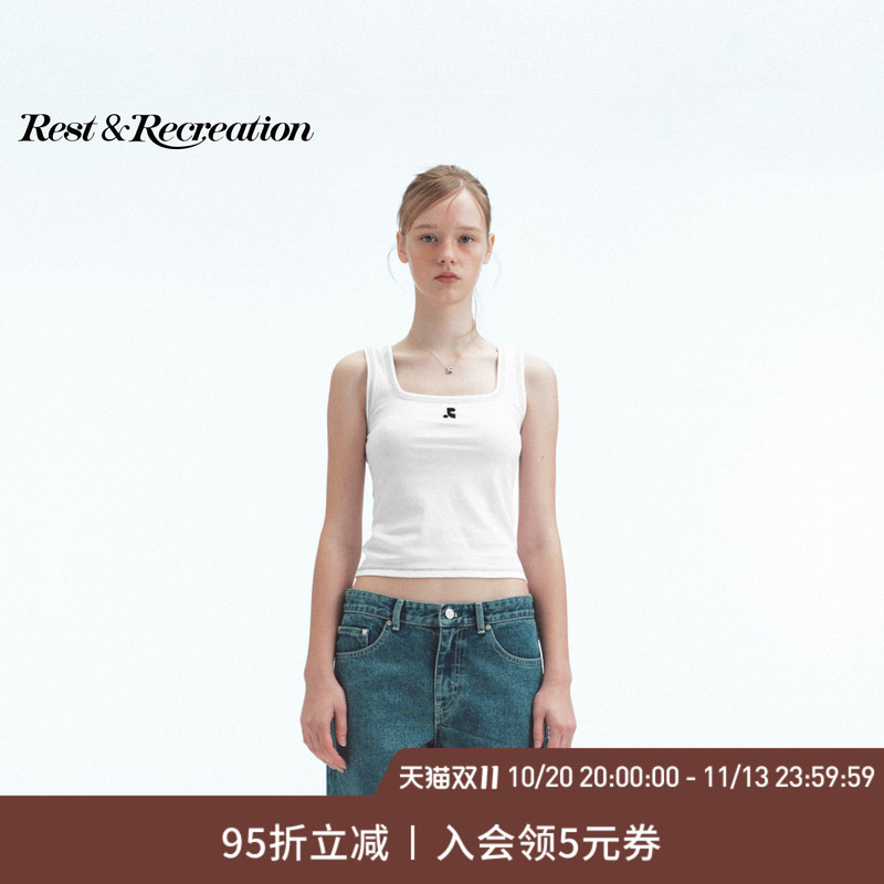 [Celebrity Style] Restandrecreation Official Classic Color-Block Line Embroidery Tank Top