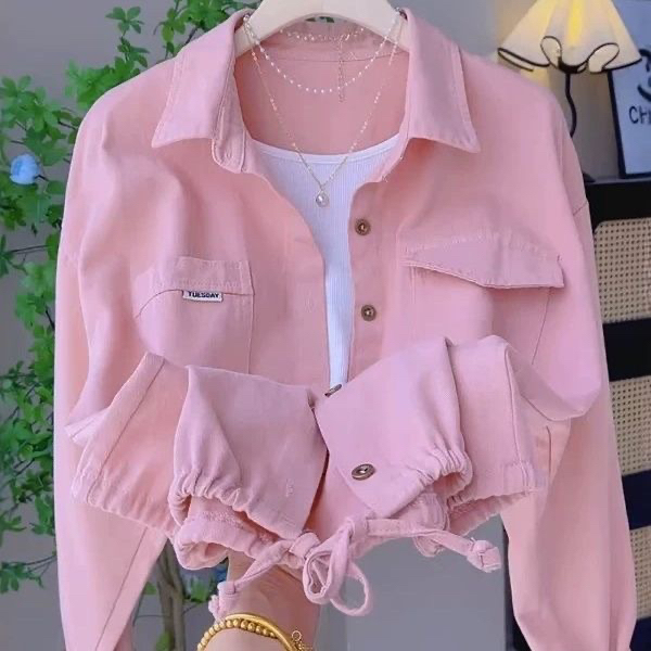 Pink Polo Collar Denim Cotton Shirt Jacket for Women, Spring and Autumn Outerwear, Cardigan with Drawstring Hem, Loose and Versatile Shirt