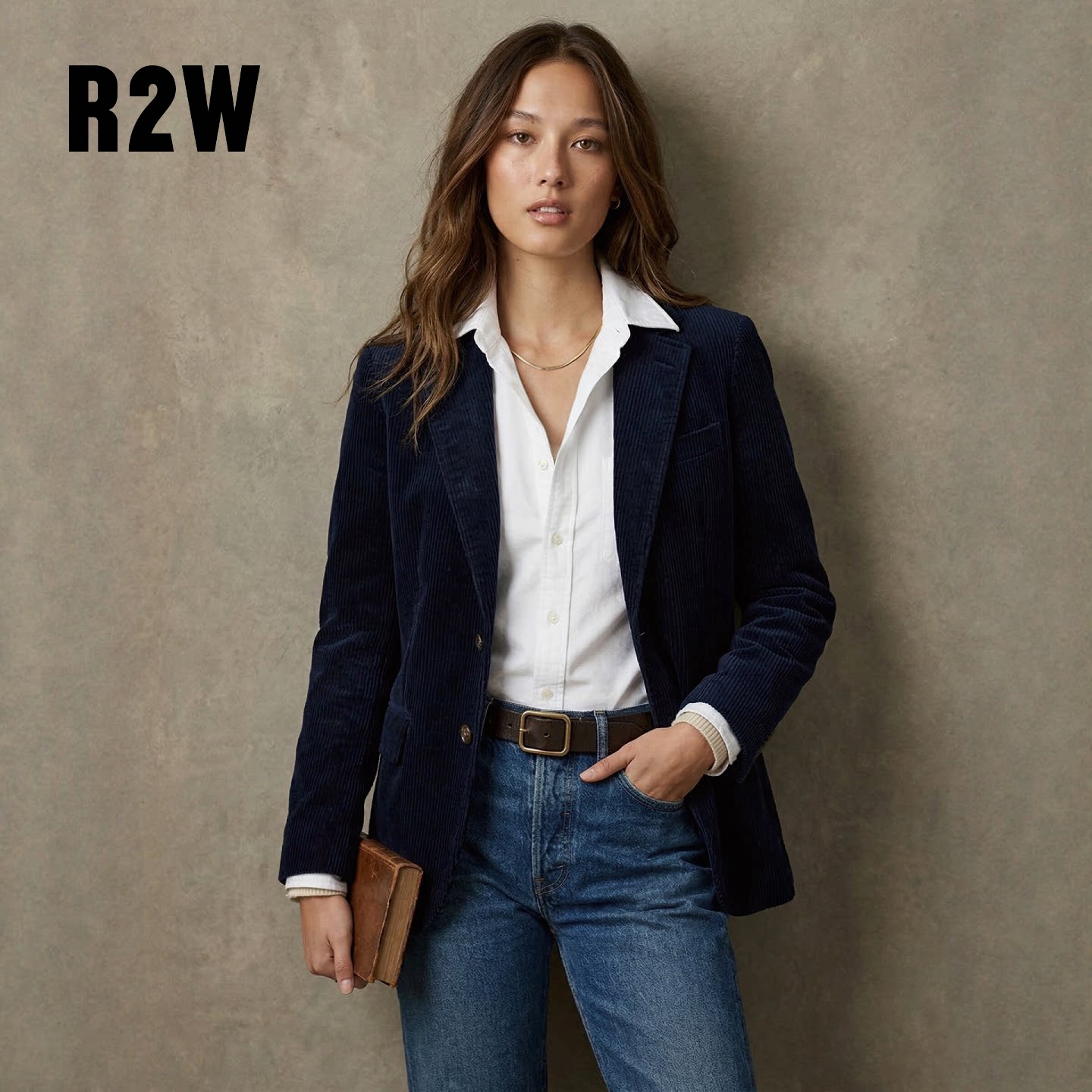 R2W American Retro Navy Blue Corduroy Blazer for Women, Spring/Autumn, Slim Fit Casual Suit Jacket with Shoulders