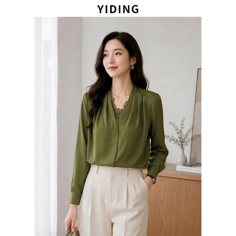 Yiding [Elegant and Intellectual] Acetate Satin Heavy-Duty Lace Splicing Silky Breathable Shirt Cg2601152