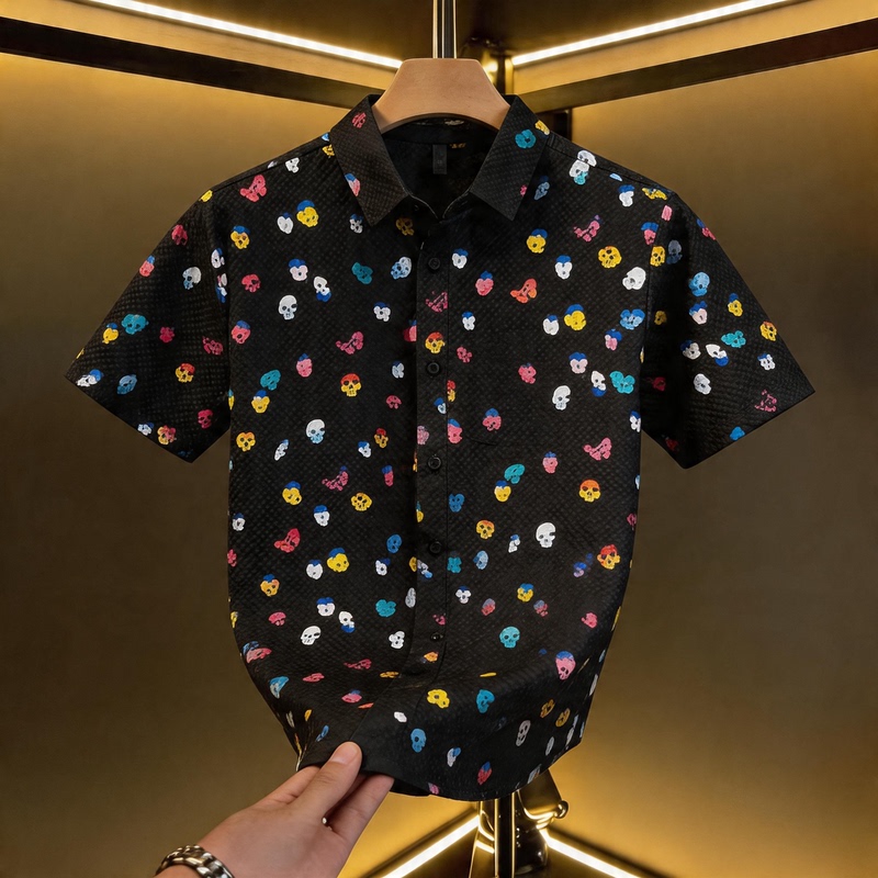 2026 Summer New Trendy Brand Skull Print Short-Sleeved Shirt for Men, New Loose Casual Cool Shirt
