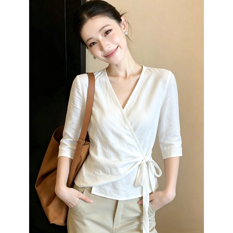 Outlet Foreign Trade Discount Surplus White Three-Quarter Sleeve Shirt for Women, Summer Tie-Waist Blouse Top
