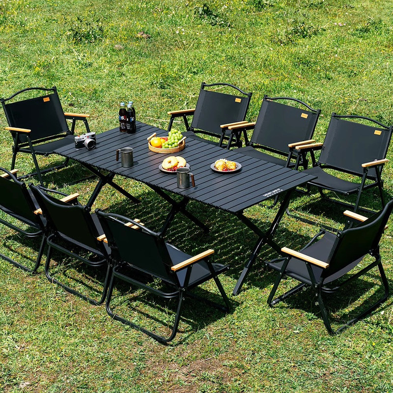 German Craftsmanship Outdoor Folding Table Carbon Steel Alloy Egg Roll Table Portable Blackened Camping Picnic Full Set of Equipment