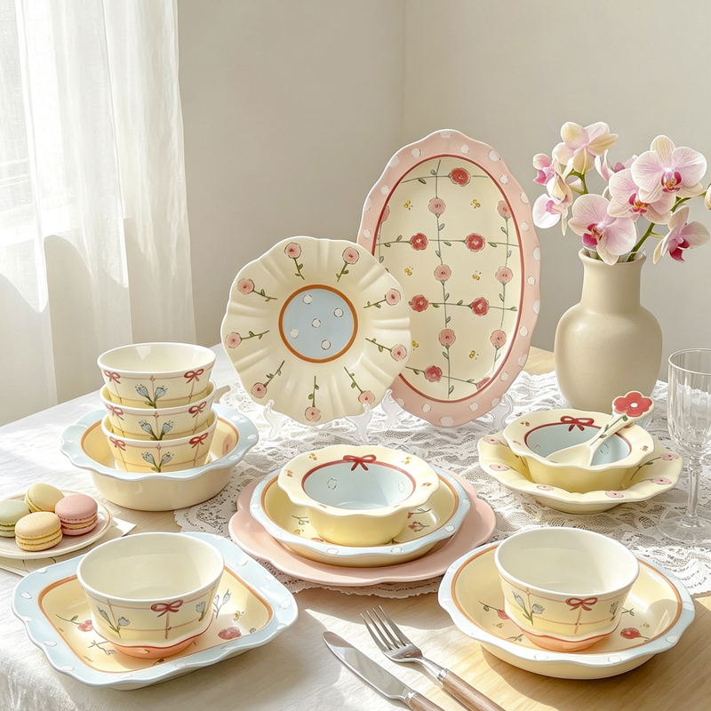 Magnesium-Fired High-Quality Tableware Set for Home Use, Housewarming Ceramic Bowls and Plates, French-Style Bowls and Dishes, Niche Hand-Painted Underglaze Color Bowlware