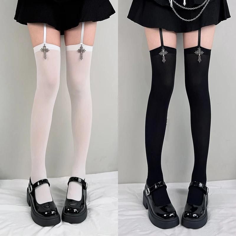 Popular Dark Cross Suspender Integrated Over-The-Knee Socks Lolita Gothic Style Black and White Solid Color Girl's Long Socks