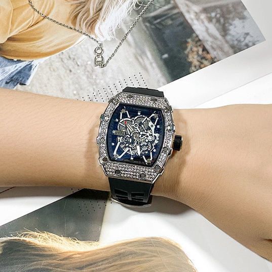 Richard Diamond-Encrusted Men's and Women's Watches, Fully Automatic Quartz, High-End Barrel-Shaped Non-Mechanical Miller Fashion Skeleton Watch