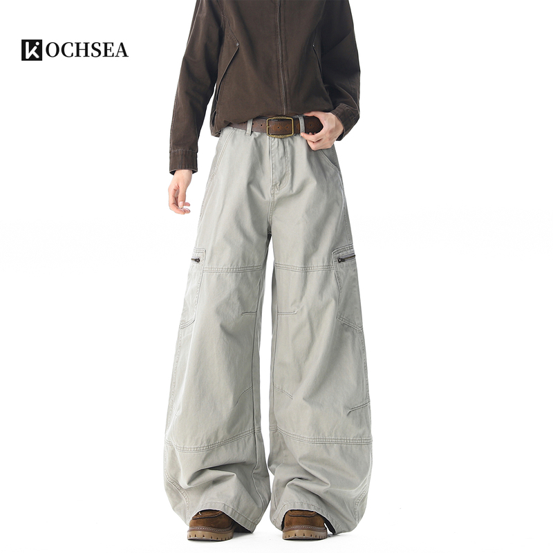 American-Style Light Gray Multi-Pocket Cargo Pants for Men, Trendy Brand with a Deconstructed Design, Cool and Stylish Wide-Leg Casual Long Pants