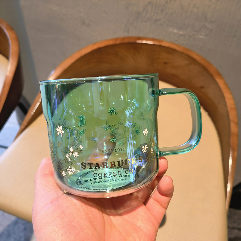 Starbucks 355ml Coffee Power Coffee Floral Glass Cup Green Fresh Style Heat-Resistant Water Cup with Handle for Gift Giving Starbucks 355ml Coffee Power Coffee Floral Glass Cup Green Fresh Style Heat-Resistant Water Cup with Handle for Gift Giving