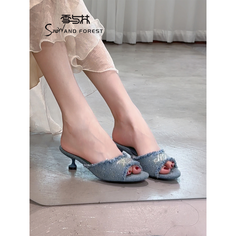 Snowandforest Designer Footwear Denim Stiletto Slip-On Mules Sandals