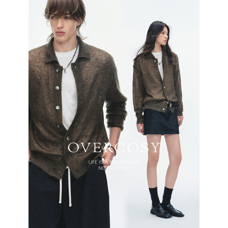 Overcosy Extremely Comfortable/Mohair Retro Drop-Shoulder Sleeve Shirt-Style Lapel Knitted Cardigan for Men and Women in Autum