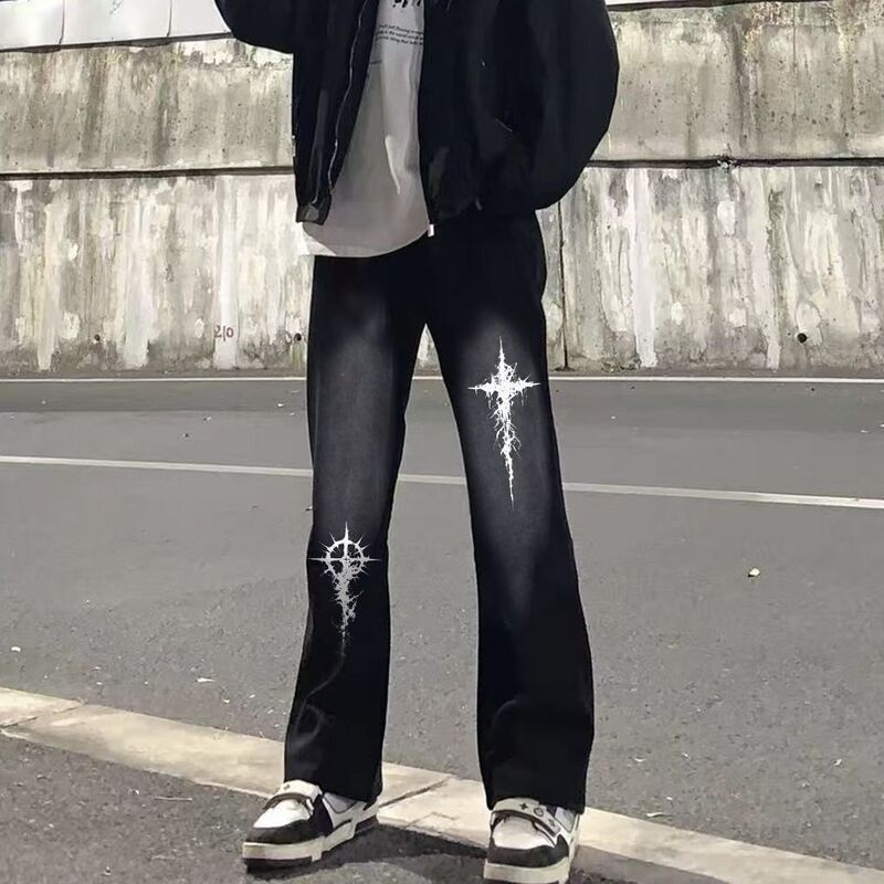 New Style Flared High Street Jeans for Older Children, Featuring a Stylish Cross Print, Height-Enhancing, Suitable for Spring and Autumn, Cool and High-End Flared Pants
