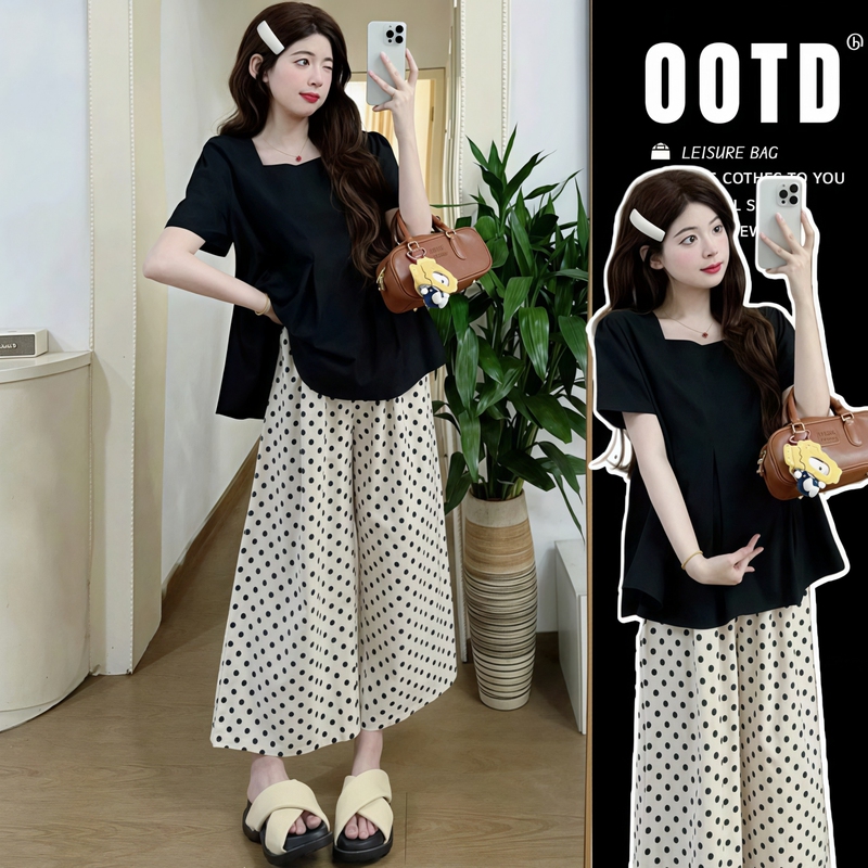 Maternity Wear "Night Light Encounter" Korean Style Loose Square-Neck Short-Sleeved Top Summer Loose Stylish Babydoll T-Shirt