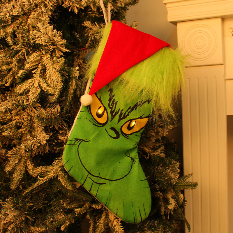 Christmas Decoration Socks Grinch Green Furry Monster Glowing Socks Candy Bag Pendant Gift Bag